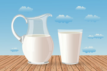 World Milk Day. A jug and a glass of milk on the background of a landscape with a cow. Banner, poster, vector