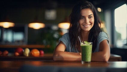 A Serene Moment of Refreshment: Woman Enjoying a Green Smoothie at a Table - obrazy, fototapety, plakaty