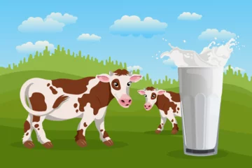 Wandcirkels aluminium World Milk Day. A  glass of milk on the background of a landscape with a cow. Banner, poster, vector © Tatiana