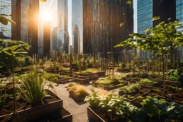 Royalty-free clip art of a serene community garden surrounded by towering city buildings, sunlight streaming through gaps in the skyscrapers