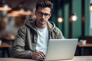 Young man using laptop, Student e-learning, Online purchasing, Technology concept.