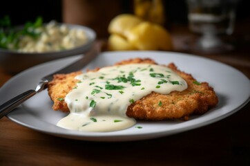 Schnitzel bechamel sauce. Chop with the sauce in the plate on the table. Generate AI