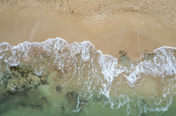 Sea landscape beach with turquoise water with copy space for text. Beautiful seascape of Sand beach aerial drone shot