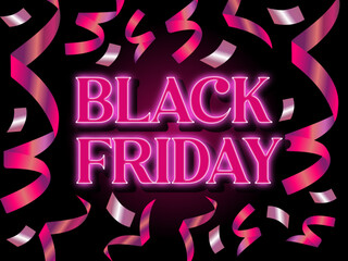 Neon pink black friday lettering with confetti on a dark background. eps file, vector