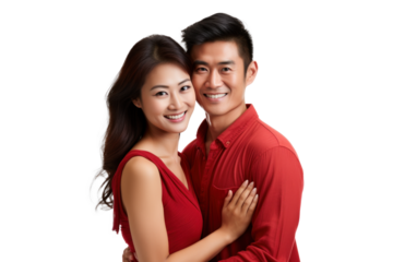 Asian Couple Embracing on Transparent Background