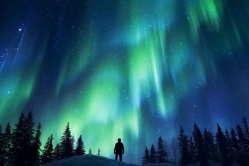 Fototapete Nordlichter human with Aurora in night sky showcases boundless beauty of stars and Earth's role in vast cosmic theater