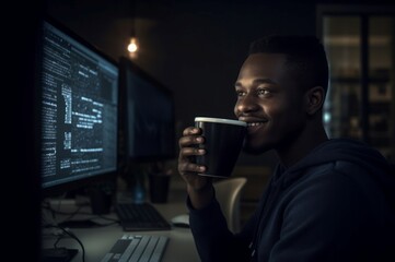 Smile black male software developer night work. Person internet man office desk. Generate Ai