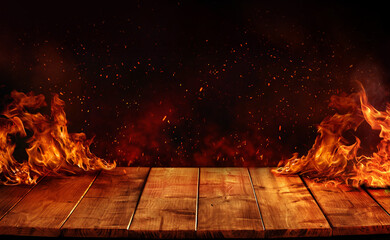 Wooden Table with Fire burn at the edge of the table, sparks, fire particles, and smoke in the air, with fire flames on a dark background to display hot and spicy products - obrazy, fototapety, plakaty