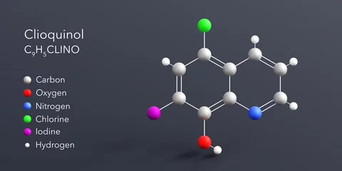 Fotobehang clioquinol molecule 3d rendering, flat molecular structure with chemical formula and atoms color coding © Сергей Шиманович