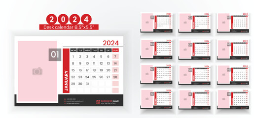 2024 Desk Calendar Planner Templates for a company or home. Simple full page calendar in vector format with Monday as the start of the week.