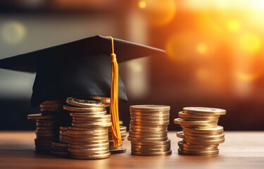 Stack of coins with graduation cap, Student loan concept, University scholarship.