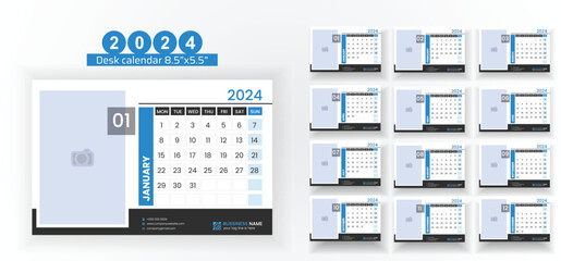 2024 Desk Calendar Planner Templates for a company or home. Simple full page calendar in vector format with Monday as the start of the week.