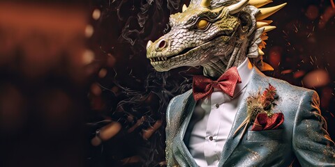 Dragon dressed in a classy modern suit, standing as a successful leader and a confident gentleman. Fashion portrait of an anthropomorphic animal, chimp, chimpanzee, posing with a charismatic - obrazy, fototapety, plakaty