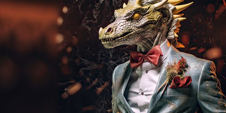 Dragon dressed in a classy modern suit, standing as a successful leader and a confident gentleman. Fashion portrait of an anthropomorphic animal, chimp, chimpanzee, posing with a charismatic