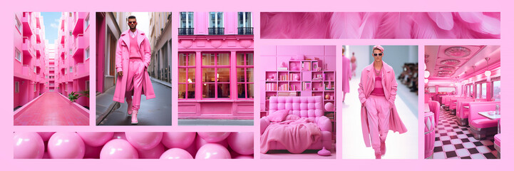 Inspiring fashion mood board. Collage with top colors photos. Pink aesthetic