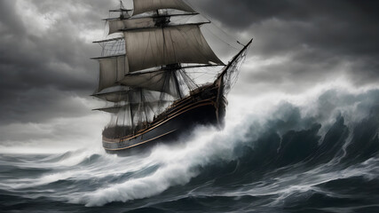 Black and white illustration of old pirate ship sail in the sea with big waves. Storm at the ocean. Generative Ai