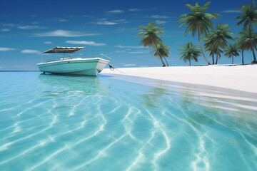 3D render of a boat on a tropical beach with palm trees.   Tropical paradise.