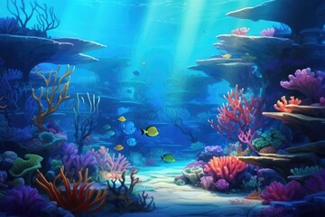 Fototapeta na wymiar Underwater world with corals and tropical fish. 3d rendering, beautiful underwater scenery with various types of fish and coral reefs, AI Generated