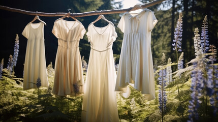 White long dress hung on the branch in garden, Eco-friendly, Ecological fashion.