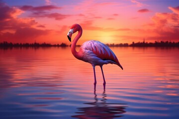 Pink flamingo on the lake at sunset. Beautiful nature background, a pink flamingo standing in the water at sunset or dawn, AI Generated - obrazy, fototapety, plakaty