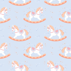 Seamless pattern, cute rocking horses on a background with stars. Pastel colors. Baby shower background, baby textile, wallpaper, vector