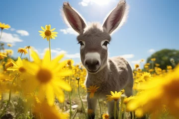 Muurstickers Donkey in a field of yellow daisies and blue sky, A tiny donkey in a sunny flower field, AI Generated © Ifti Digital