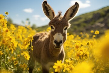 Donkey in a field of yellow flowers. Animal in the wild, A tiny donkey in a sunny flower field, AI Generated