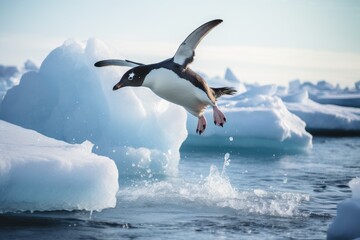Gentoo penguin on the ice floe, Antarctic Peninsula, Adelie penguin jumping between two ice floes, AI Generated