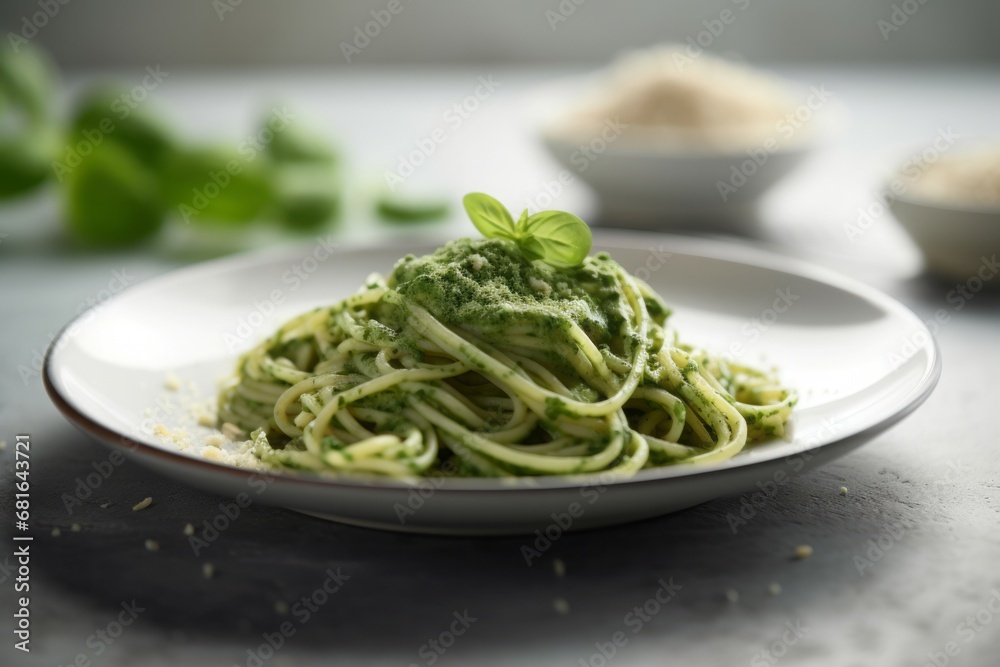 Wall mural spaghetti spinach pesto food leaf. spread aromatic salad cuisine. generate ai