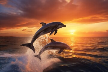 Dolphins jumping out of the water at sunset. 3d render, Beautiful bottlenose dolphins jumping out of sea at sunset, AI Generated