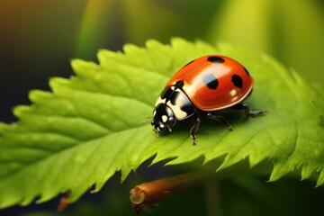Fototapeta premium ladybug on green leaf in nature. macro shot of ladybug, Beautiful nature scene, Beautiful ladybug on leaf defocused background, AI Generated