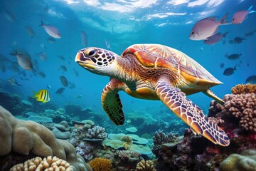 Fototapeta premium Hawaiian Green Sea Turtle Chelonia mydas in the Red Sea, Beautiful turtle swimming among fishes in blue water of ocean, AI Generated
