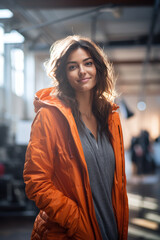 Photograph of a young women in orange jacket enjoying traveling