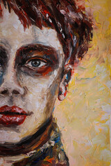 A young boy with a painted face. Oil portrait in the style of pop art