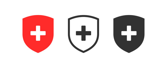 Obraz premium Red medicine shield icon. Cross protection symbol. Care security. Hospital badge. Health aid sign. Vector illustration.