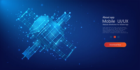 Polygonal Space Satellite Glowing on Starry Sky Background. Space orbital satellite on the blue background. Isolated vector illustration © ZinetroN