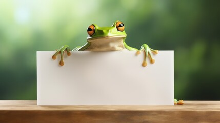 Portrait of a frog with blank banner. Copy-space.