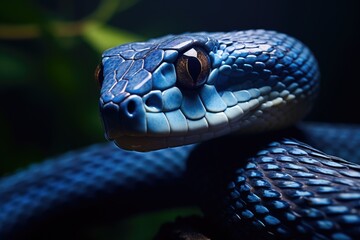 Fototapeta premium Close up of the head of a blue snake on a dark background, Blue Insularis Snake, AI Generated