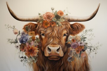 Portrait of a cow with a wreath of flowers on her head, Beautiful watercolor highland cow with flowers on her heand floral headboard, AI Generated - obrazy, fototapety, plakaty