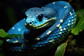 Fototapeta premium Close-up of a blue snake in the rainforest of Costa Rica, Blue pit viper from indonesia, AI Generated