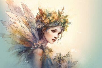 Fantasy portrait of a beautiful fairy in a wreath of flowers