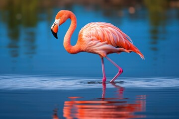 Greater flamingo Phoenicopterus ruber, Caribbean flamingo standing in water with reflection, Cuba, AI Generated