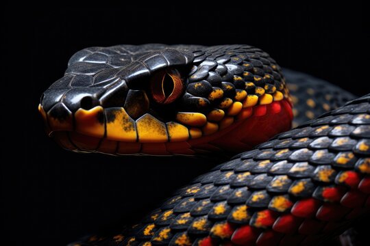 Close up of the head of a snake on a black background, close up of a snake on a black background, AI Generated
