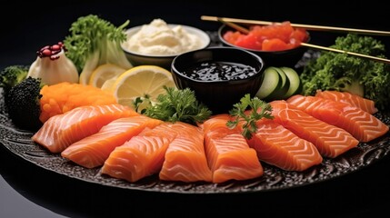 Salmon, Appetiser platter with salmon and black caviar and sliced fresh vegetables, Luxury food.