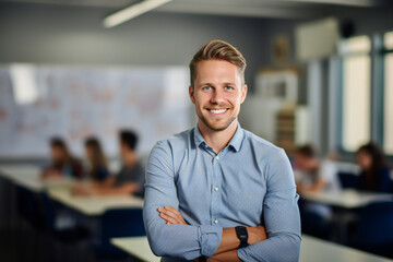 Fototapeta premium Portrait of a smiling 30-year-old man teacher in a modern bright classroom, generated ai