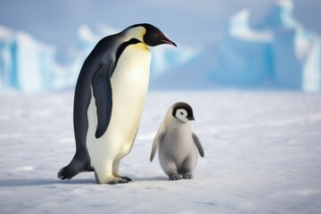 Emperor penguin and baby penguin on the ice, Antarctica, Emperor penguin walk on snow, AI Generated