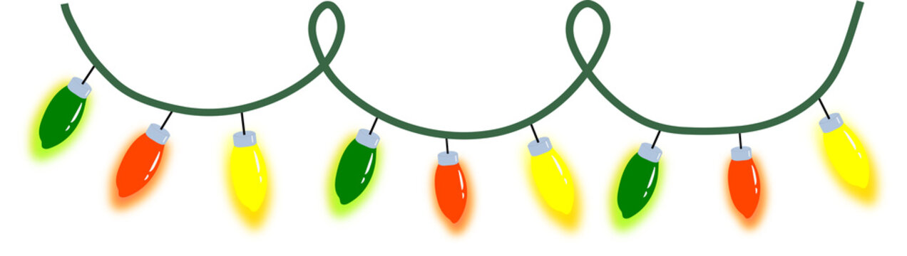 Colorful christmas hanging lights on chain pattern on transparent background.