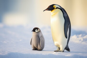 Emperor penguin Pygoscelis patagonicus and chick, Emperor penguin walk on snow, AI Generated - obrazy, fototapety, plakaty