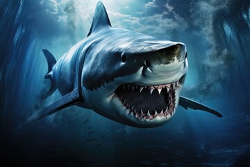 Great White Shark in deep blue ocean. 3D render of a great white shark, Encounter the terrifying presence of a massive killer shark lurking beneath the sea or ocean, AI Generated