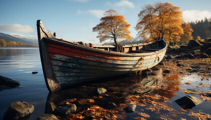 Abandoned rowboat reflects tranquil autumn landscape, serene beauty in nature generated by AI